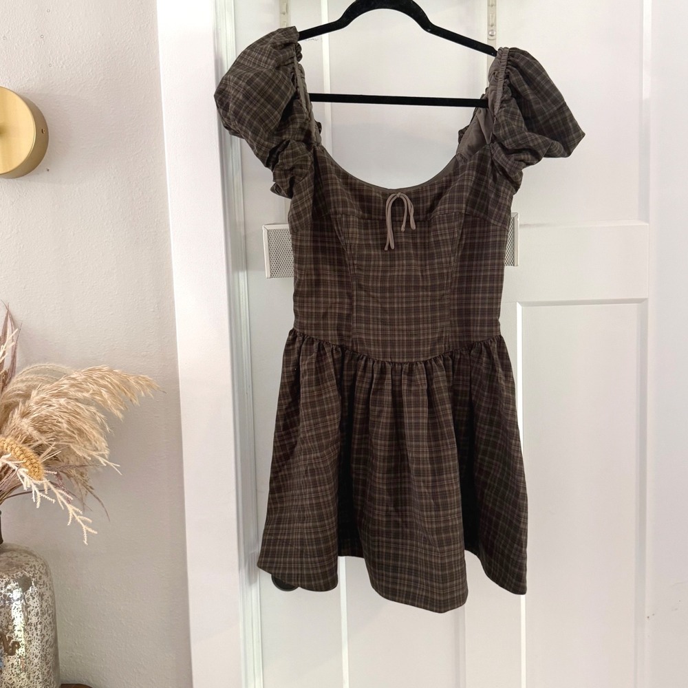 For Love &Lemons Florence Mini Dress Brown Plaid Puff Sleeve S Coquette Academia